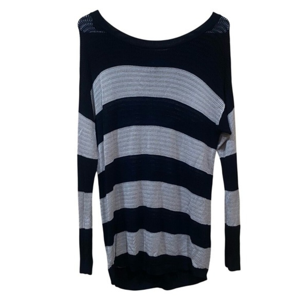 AB STUDIO‎ Black & Tan Striped Open Knit Sweater Button Details Lightweight SZ L